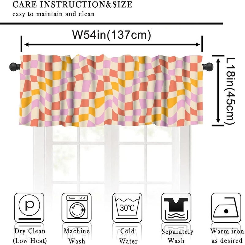 JanJCurt Hippie Checkered Window Valance, Vintage 70s Yellow Pink Red Beige Groovy Checkered Geometric Blackout Short Curtain Valance for Kitchen Bedroom Livingroom, 54x18inch - Image 5